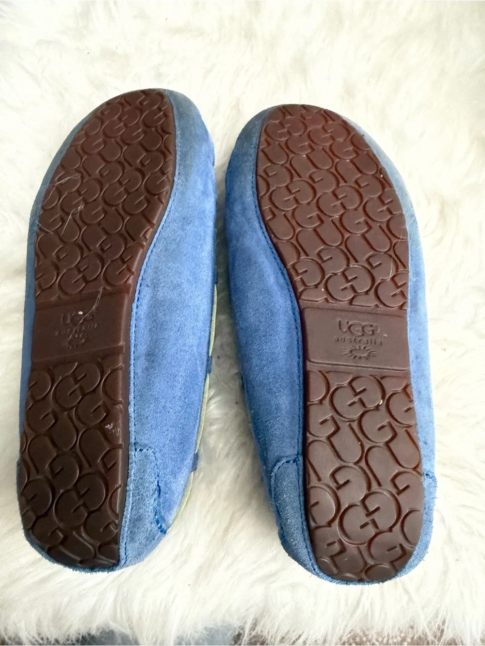 UGG Blue Suede Moccasins with Light Green Laces